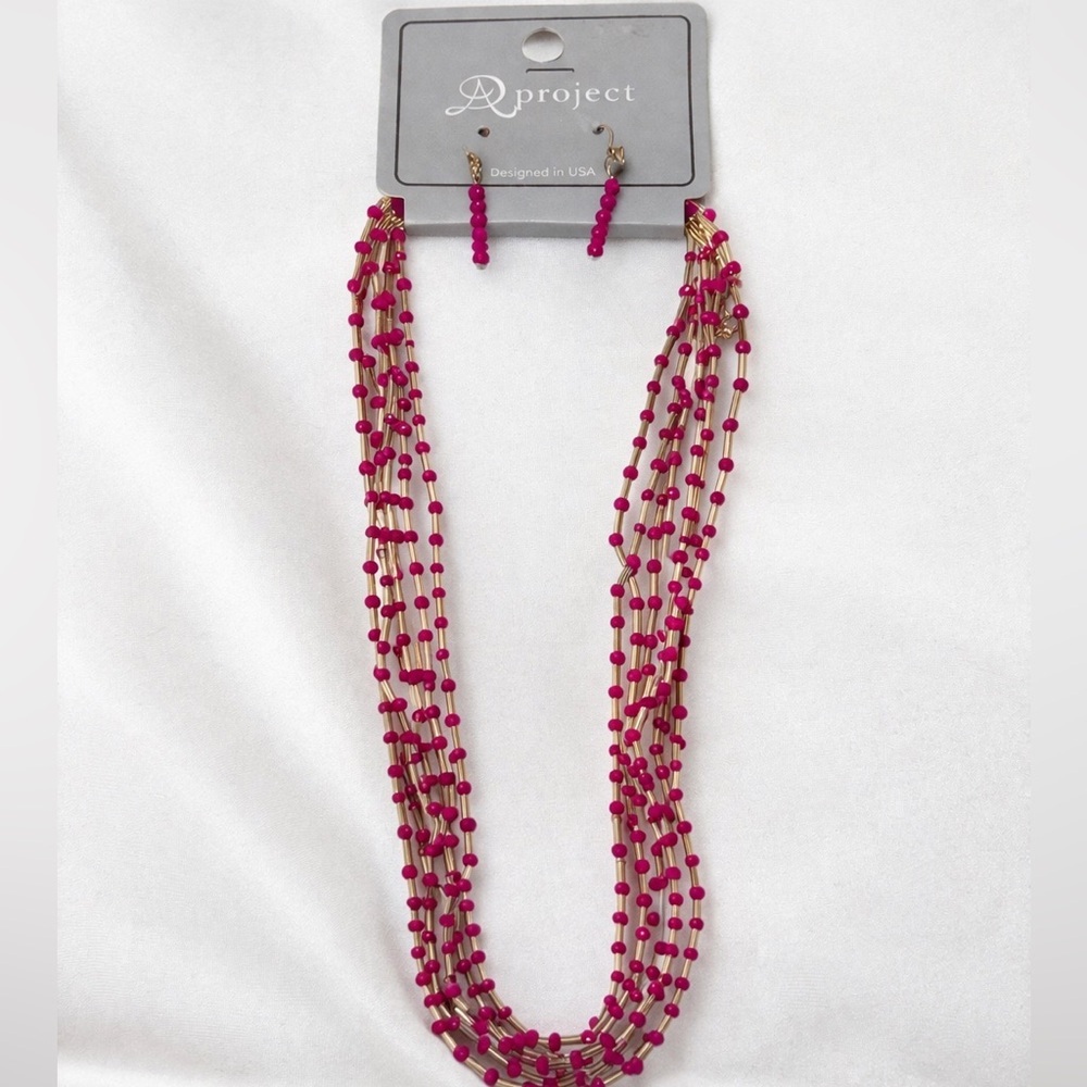A Project Pink Multi Strand Beaded Necklace Set Gold Tone  Earrings Boho Chic